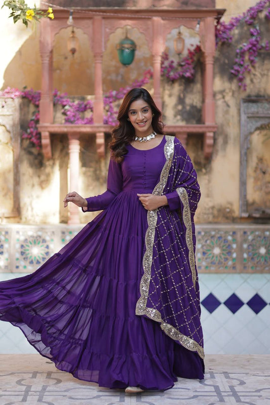 Amazing Purple Color Georgette Frill Work Party Wear Gown