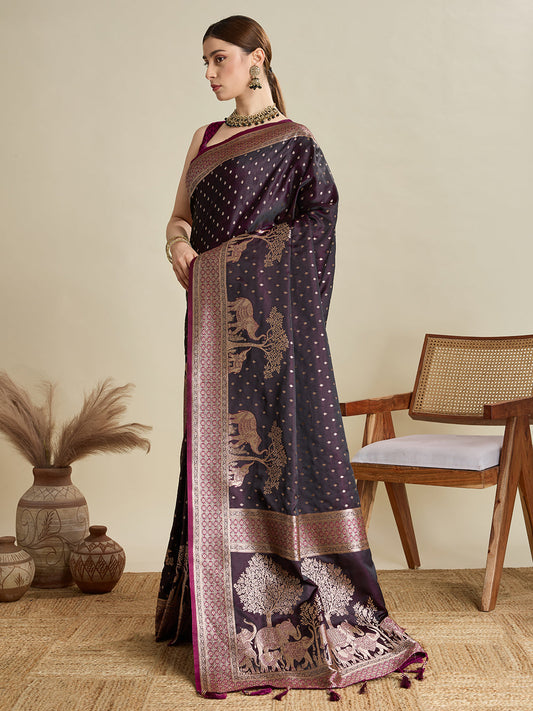 Dark Purple Color Soft Silk Zari Weaving Saree for Wedding And Party