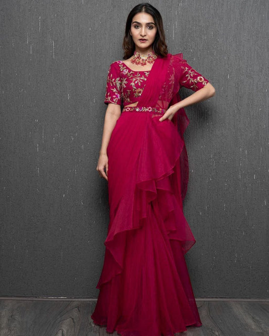 Beautiful Organza Silk party wear saree (Red)