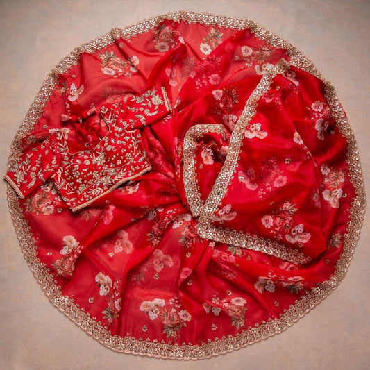 Elagent Red Silk Digital Print Party Wear Saree