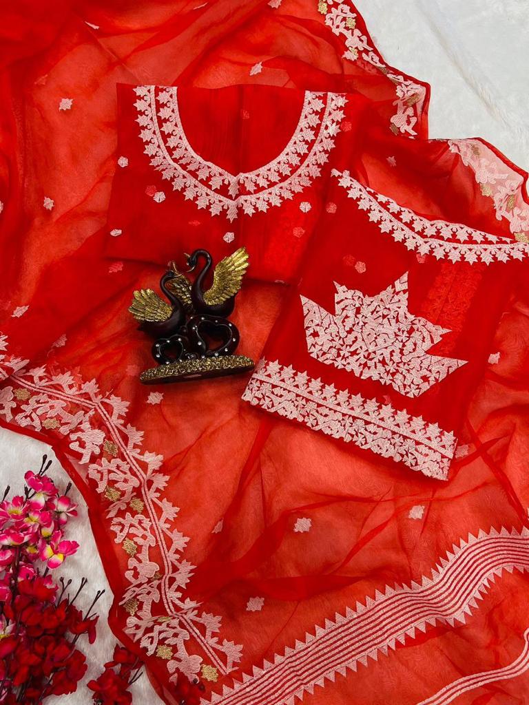 Amazing Party Wear Red Color Organza Saree