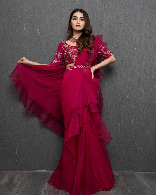 Beautiful Organza Silk party wear saree (Red)