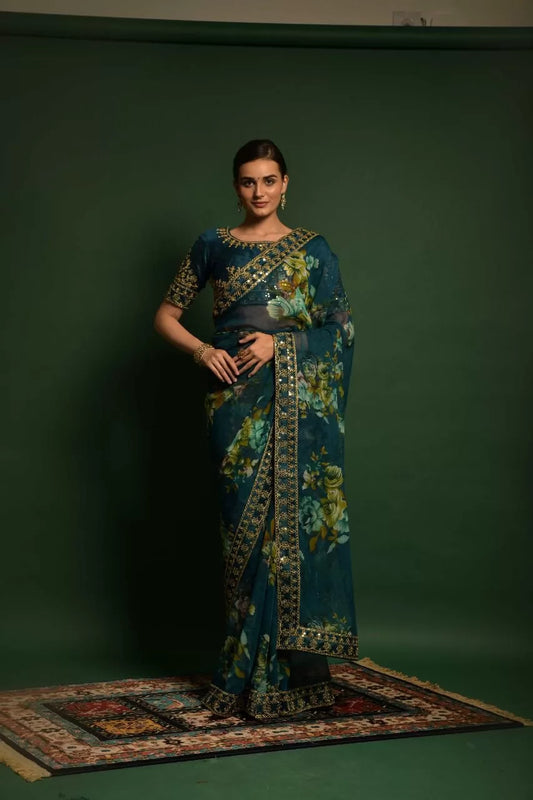 Sky blue Color Flower Printed Georgette Saree