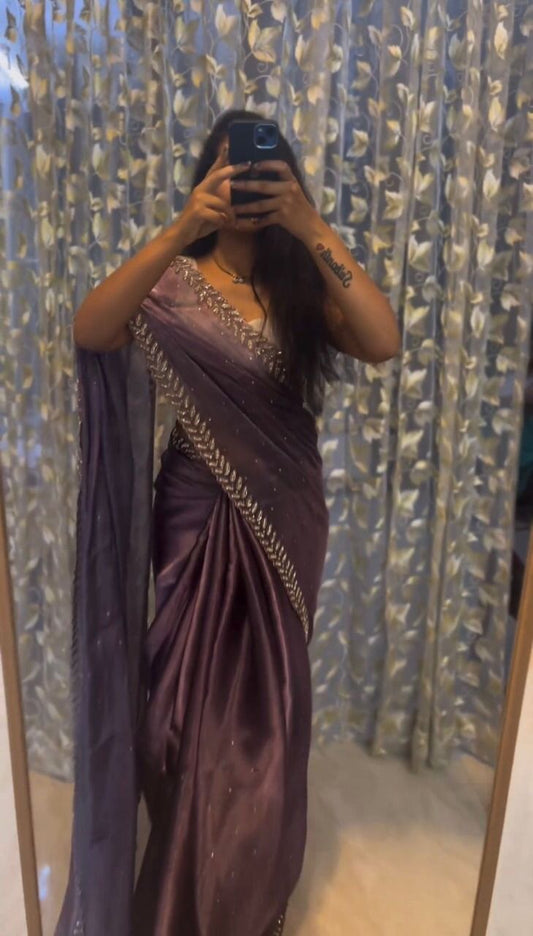 Jimmy Choo Silk Stone Work Party Wear Saree (Violet)