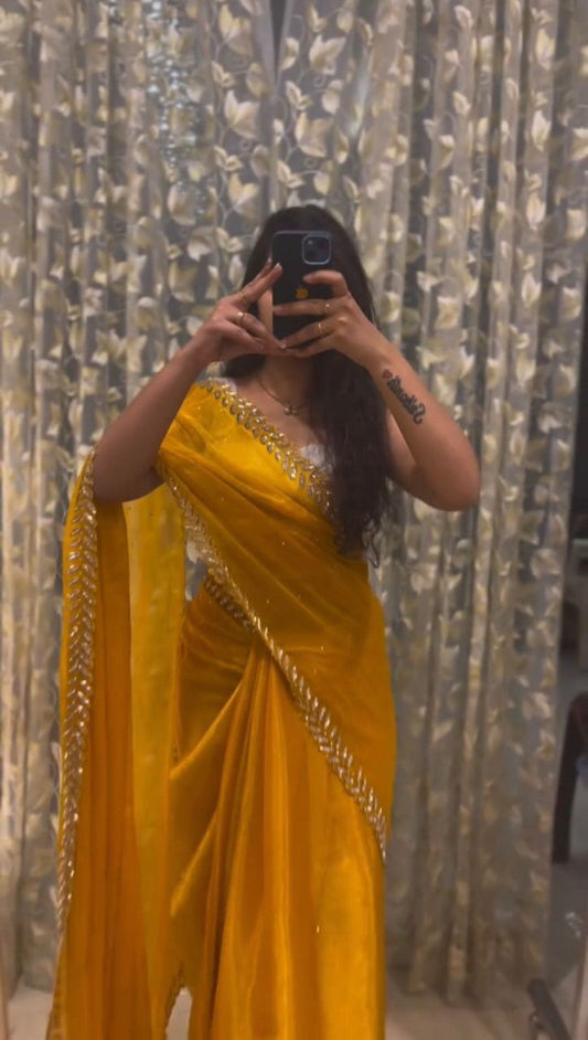Jimmy Choo Silk Stone Work Party Wear Saree (Yellow)