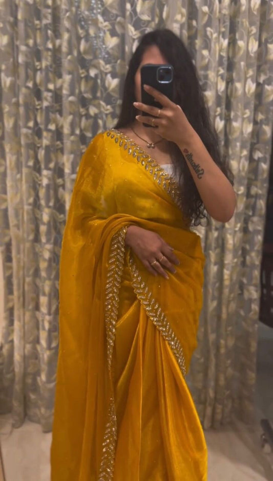 Jimmy Choo Silk Stone Work Party Wear Saree (Yellow)