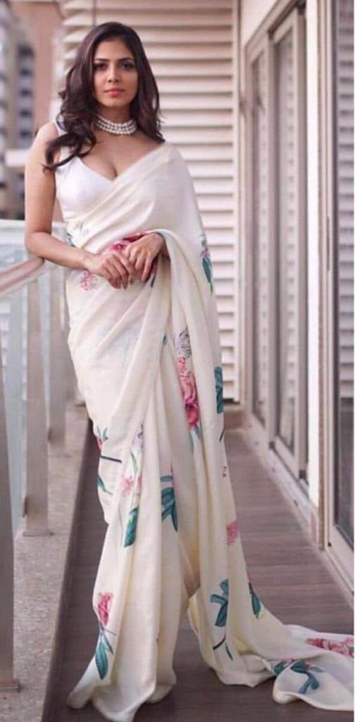 Classy Cream Pre-Stitched Blended Silk Saree - Clothsvilla