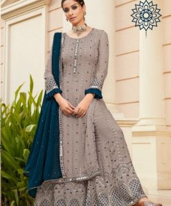 Unique Grey Georgette With Embroidered Mirror Work Plazo Suit