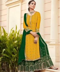 Unique Yellow Georgette With Embroidered Mirror Work Plazo Suit