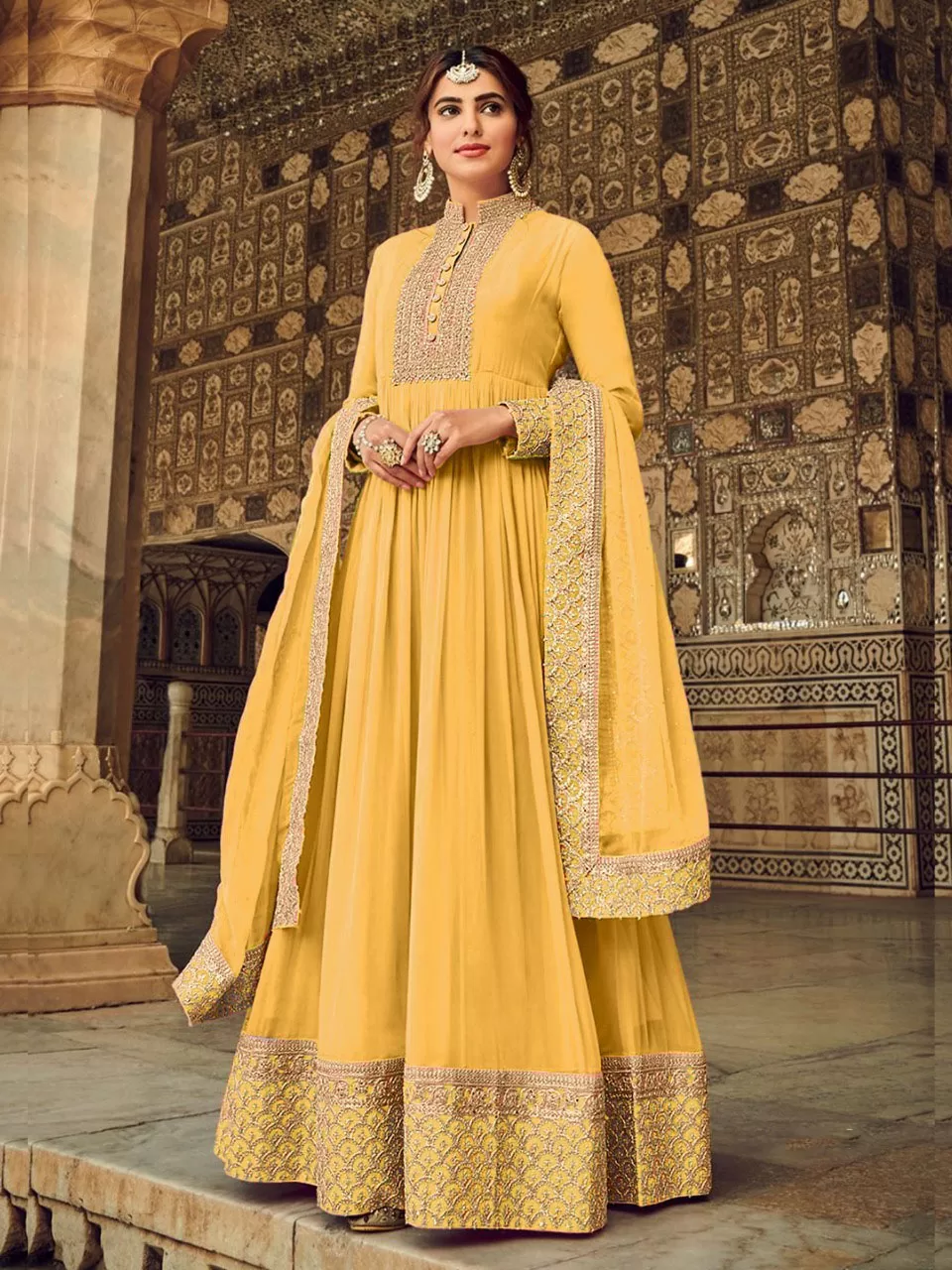 Solid Ombre Dyed & Ethnic Embroidered Anarkali with Sharara & Dupatta