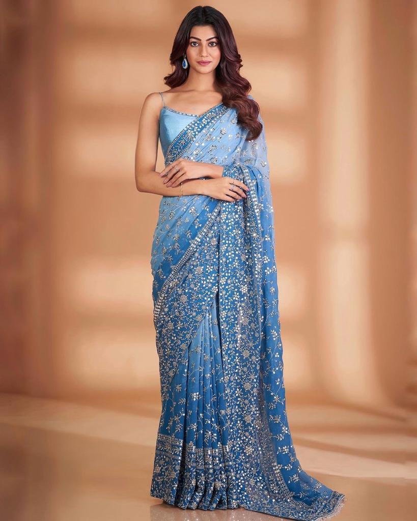 LWPS1C3CW1041706 Blue Hand Embroidered Chikankari Pure Georgette Saree With  Mukaish Work.jpg – Luxurion World