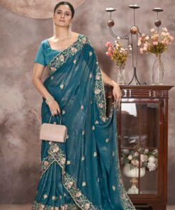 Amzaing Teal Color Gold Crunchy Multi Colour Party Saree