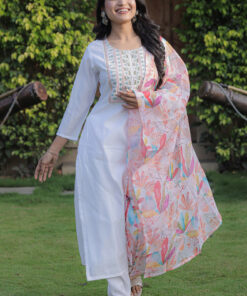 White Color Viscos Chanderi Kurti pant Set