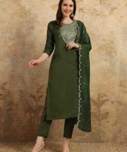 Mehandi Color Viscoz Chanderi Party Wear Kurti Pant Set