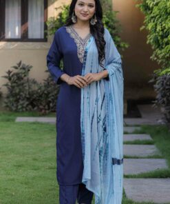 Petrol Color Viscose Slub Designer Kurti Pant Set